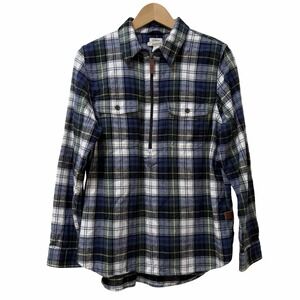 LL Bean Womens Scotch Plaid 1/4 Zip Flannel Popover Shirt Size M Blue Cabincore